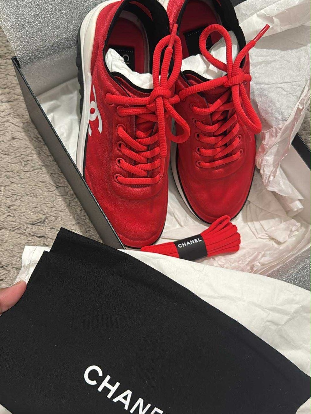 CHANEL Red Suede Logo Sneakers